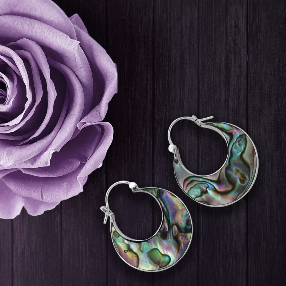 Natural Abalone Shell Hoop 2.7cm Earrings 925 Sterling Silver, Gift Box included